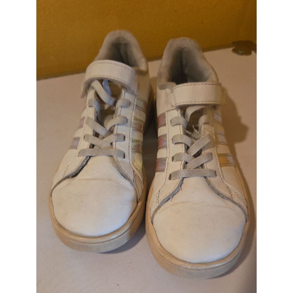 adidas Kids White Sneakers with Pastel Stripe Accents